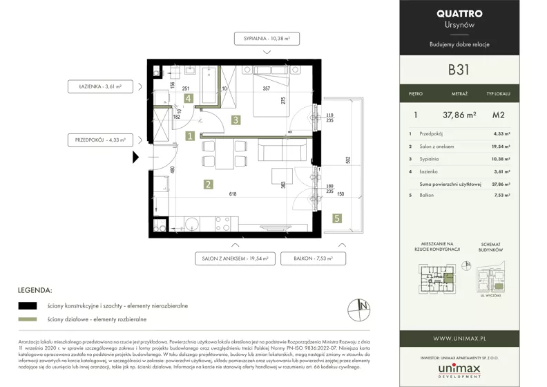 2 pokoje, mieszkanie 37,86 m², piętro 1, oferta nr B31, QUATTRO Ursynów, Warszawa, Ursynów, Wyczółki, ul. Wyczółki 54, 56