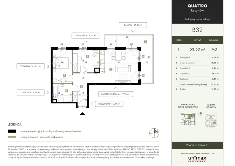 3 pokoje, mieszkanie 53,53 m², piętro 1, oferta nr B32, QUATTRO Ursynów, Warszawa, Ursynów, Wyczółki, ul. Wyczółki 54, 56
