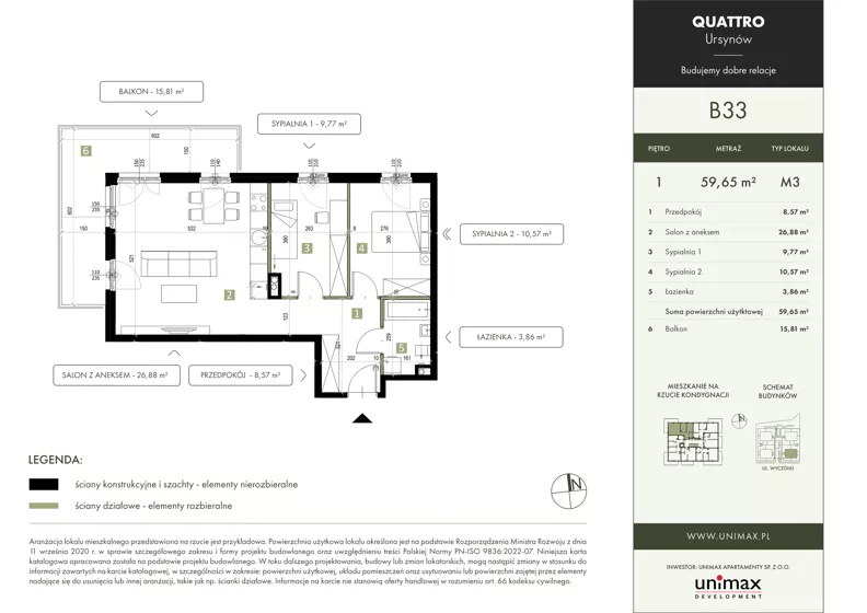 3 pokoje, mieszkanie 59,65 m², piętro 1, oferta nr B33, QUATTRO Ursynów, Warszawa, Ursynów, Wyczółki, ul. Wyczółki 54, 56