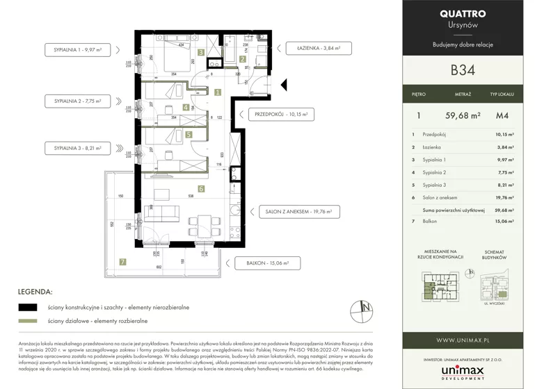 4 pokoje, mieszkanie 59,68 m², piętro 1, oferta nr B34, QUATTRO Ursynów, Warszawa, Ursynów, Wyczółki, ul. Wyczółki 54, 56