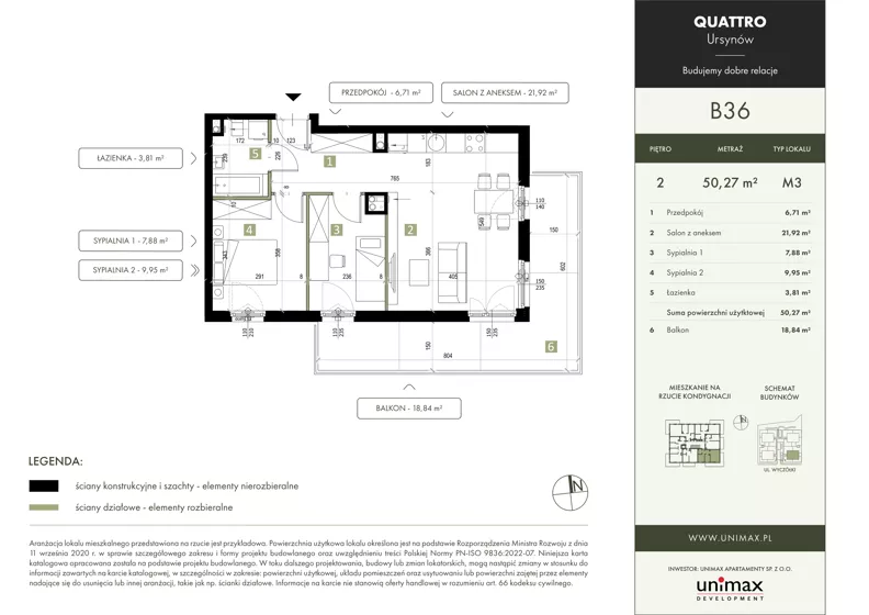 3 pokoje, mieszkanie 50,27 m², piętro 2, oferta nr B36, QUATTRO Ursynów, Warszawa, Ursynów, Wyczółki, ul. Wyczółki 54, 56