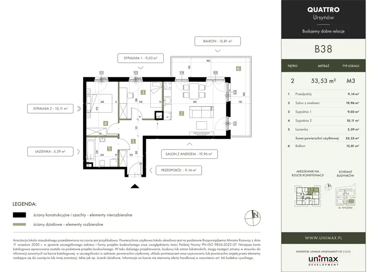 3 pokoje, mieszkanie 53,53 m², piętro 2, oferta nr B38, QUATTRO Ursynów, Warszawa, Ursynów, Wyczółki, ul. Wyczółki 54, 56