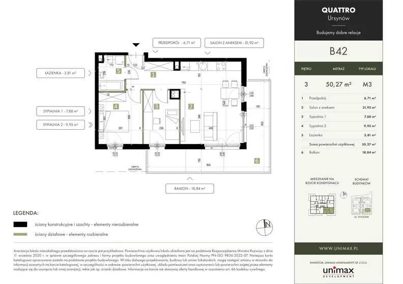 3 pokoje, mieszkanie 50,27 m², piętro 3, oferta nr B42, QUATTRO Ursynów, Warszawa, Ursynów, Wyczółki, ul. Wyczółki 54, 56