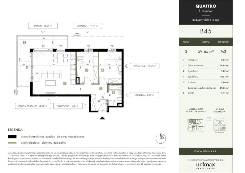 3 pokoje, mieszkanie 59,65 m², piętro 3, oferta nr B45, QUATTRO Ursynów, Warszawa, Ursynów, Wyczółki, ul. Wyczółki 54, 56