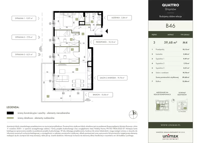 4 pokoje, mieszkanie 59,68 m², piętro 3, oferta nr B46, QUATTRO Ursynów, Warszawa, Ursynów, Wyczółki, ul. Wyczółki 54, 56