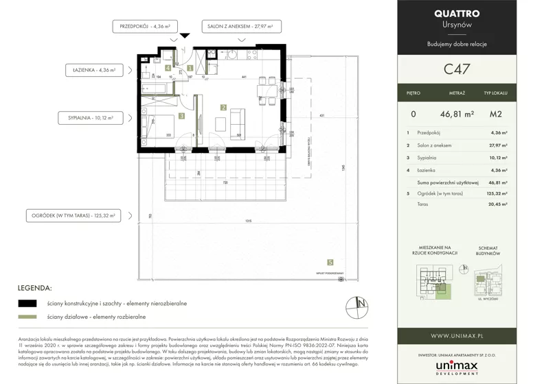 2 pokoje, mieszkanie 46,81 m², parter, oferta nr C47, QUATTRO Ursynów, Warszawa, Ursynów, Wyczółki, ul. Wyczółki 54, 56