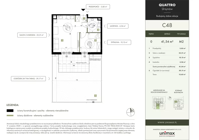 2 pokoje, mieszkanie 41,54 m², parter, oferta nr C48, QUATTRO Ursynów, Warszawa, Ursynów, Wyczółki, ul. Wyczółki 54, 56