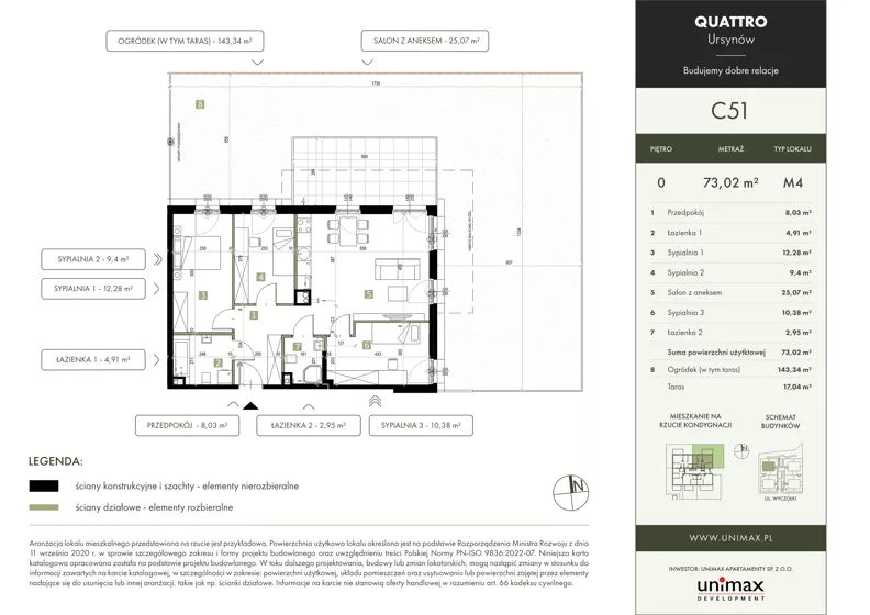 4 pokoje, mieszkanie 73,02 m², parter, oferta nr C51, QUATTRO Ursynów, Warszawa, Ursynów, Wyczółki, ul. Wyczółki 54, 56