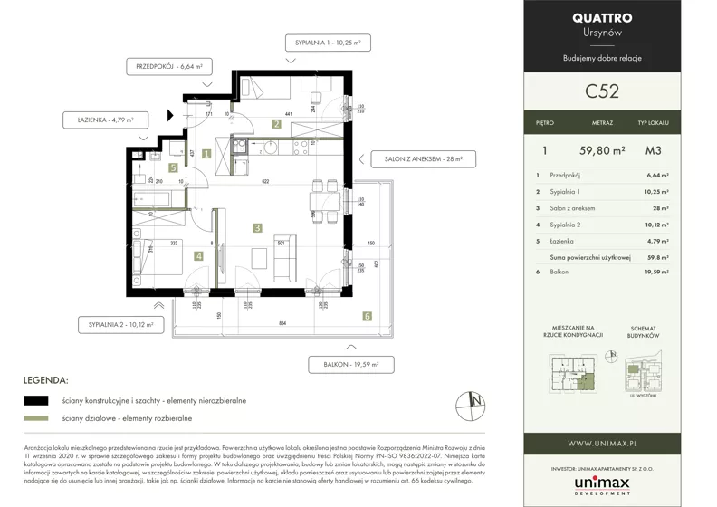 3 pokoje, mieszkanie 59,80 m², piętro 1, oferta nr C52, QUATTRO Ursynów, Warszawa, Ursynów, Wyczółki, ul. Wyczółki 54, 56