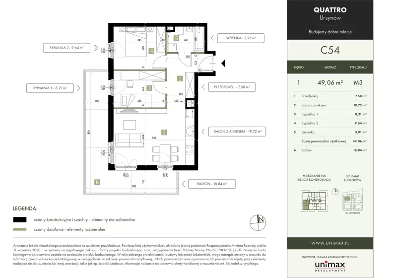 3 pokoje, mieszkanie 49,06 m², piętro 1, oferta nr C54, QUATTRO Ursynów, Warszawa, Ursynów, Wyczółki, ul. Wyczółki 54, 56