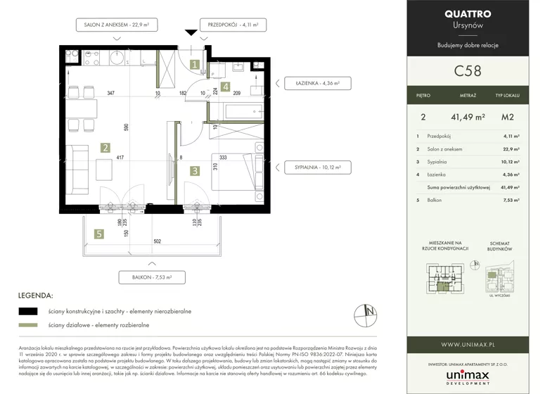 2 pokoje, mieszkanie 41,49 m², piętro 2, oferta nr C58, QUATTRO Ursynów, Warszawa, Ursynów, Wyczółki, ul. Wyczółki 54, 56