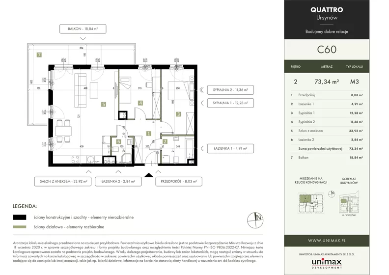 3 pokoje, mieszkanie 73,34 m², piętro 2, oferta nr C60, QUATTRO Ursynów, Warszawa, Ursynów, Wyczółki, ul. Wyczółki 54, 56