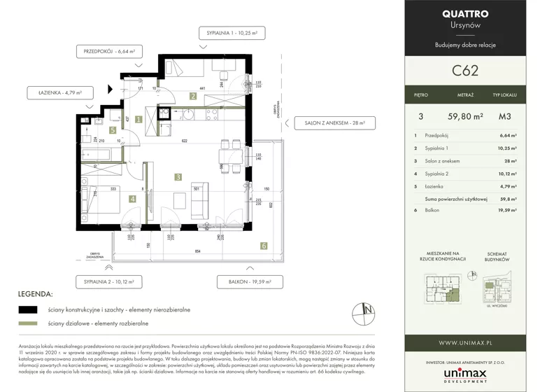 3 pokoje, mieszkanie 59,80 m², piętro 3, oferta nr C62, QUATTRO Ursynów, Warszawa, Ursynów, Wyczółki, ul. Wyczółki 54, 56