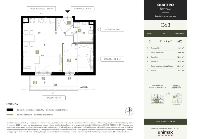 2 pokoje, mieszkanie 41,49 m², piętro 3, oferta nr C63, QUATTRO Ursynów, Warszawa, Ursynów, Wyczółki, ul. Wyczółki 54, 56