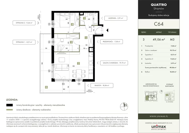 3 pokoje, mieszkanie 49,06 m², piętro 3, oferta nr C64, QUATTRO Ursynów, Warszawa, Ursynów, Wyczółki, ul. Wyczółki 54, 56