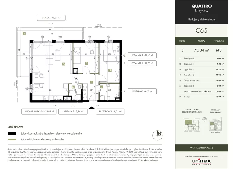 3 pokoje, mieszkanie 73,34 m², piętro 3, oferta nr C65, QUATTRO Ursynów, Warszawa, Ursynów, Wyczółki, ul. Wyczółki 54, 56