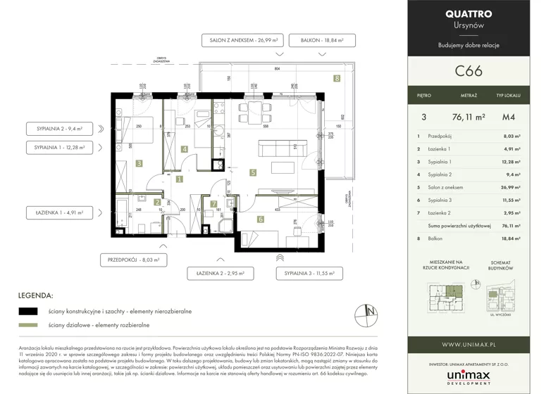4 pokoje, mieszkanie 76,11 m², piętro 3, oferta nr C66, QUATTRO Ursynów, Warszawa, Ursynów, Wyczółki, ul. Wyczółki 54, 56