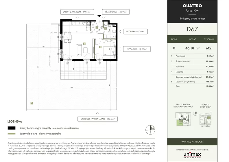2 pokoje, mieszkanie 46,81 m², parter, oferta nr D67, QUATTRO Ursynów, Warszawa, Ursynów, Wyczółki, ul. Wyczółki 54, 56