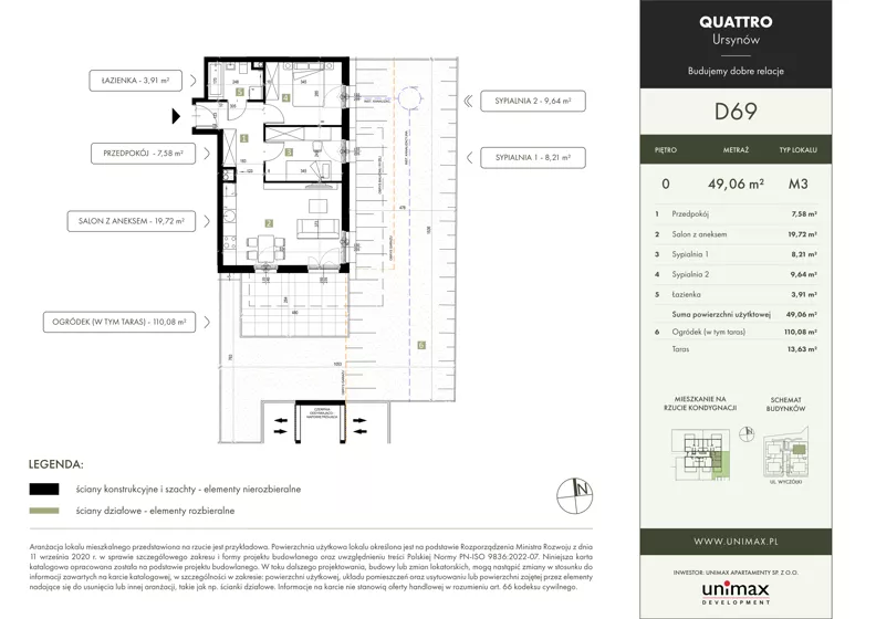 3 pokoje, mieszkanie 49,06 m², parter, oferta nr D69, QUATTRO Ursynów, Warszawa, Ursynów, Wyczółki, ul. Wyczółki 54, 56