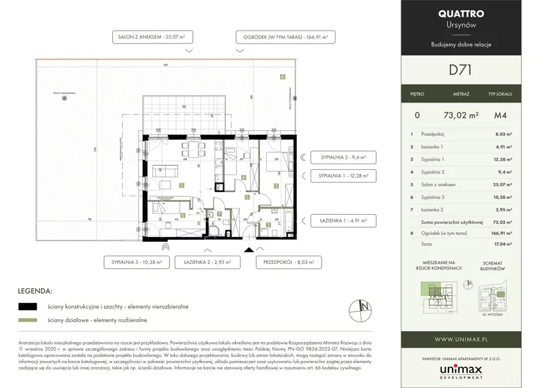 4 pokoje, mieszkanie 73,02 m², parter, oferta nr D71, QUATTRO Ursynów, Warszawa, Ursynów, Wyczółki, ul. Wyczółki 54, 56