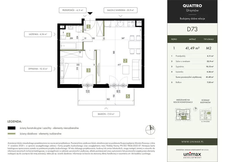 2 pokoje, mieszkanie 41,49 m², piętro 1, oferta nr D73, QUATTRO Ursynów, Warszawa, Ursynów, Wyczółki, ul. Wyczółki 54, 56