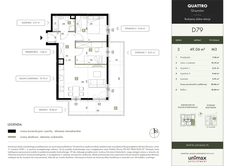 3 pokoje, mieszkanie 49,06 m², piętro 2, oferta nr D79, QUATTRO Ursynów, Warszawa, Ursynów, Wyczółki, ul. Wyczółki 54, 56