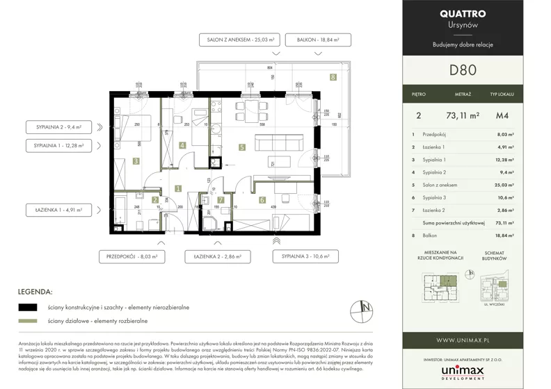 4 pokoje, mieszkanie 73,11 m², piętro 2, oferta nr D80, QUATTRO Ursynów, Warszawa, Ursynów, Wyczółki, ul. Wyczółki 54, 56