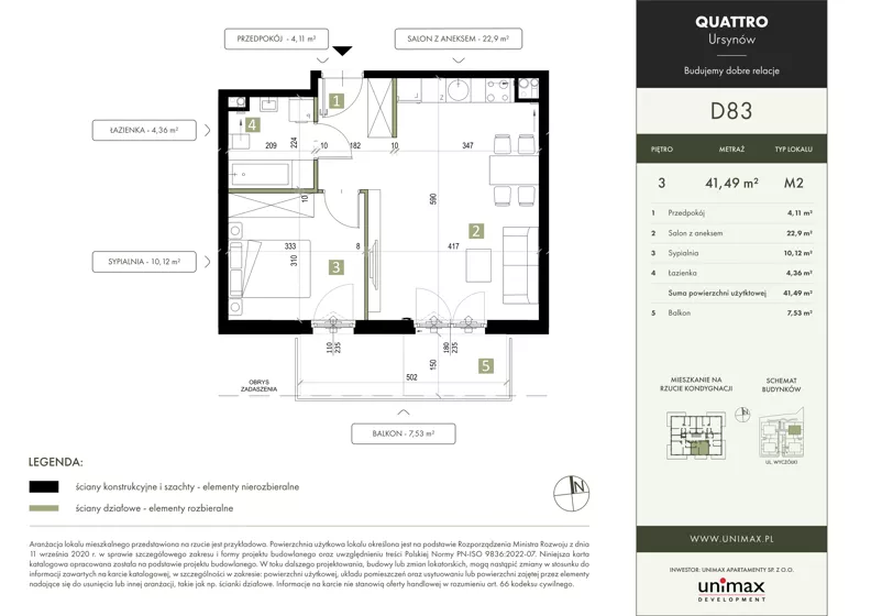 2 pokoje, mieszkanie 41,49 m², piętro 3, oferta nr D83, QUATTRO Ursynów, Warszawa, Ursynów, Wyczółki, ul. Wyczółki 54, 56