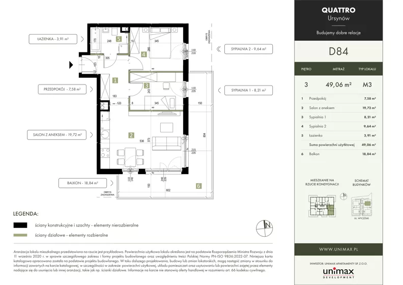3 pokoje, mieszkanie 49,06 m², piętro 3, oferta nr D84, QUATTRO Ursynów, Warszawa, Ursynów, Wyczółki, ul. Wyczółki 54, 56