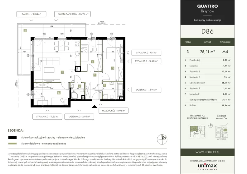 4 pokoje, mieszkanie 76,11 m², piętro 3, oferta nr D86, QUATTRO Ursynów, Warszawa, Ursynów, Wyczółki, ul. Wyczółki 54, 56