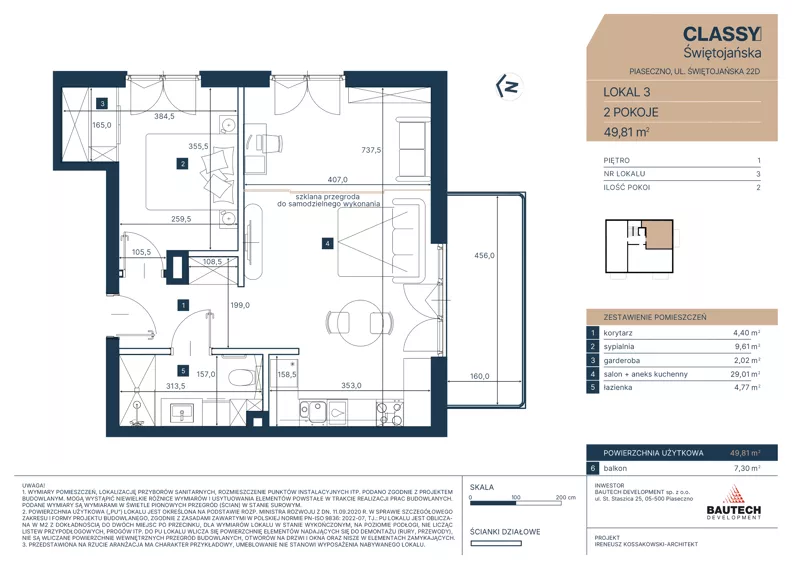 2 pokoje, apartament 49,81 m², piętro 1, oferta nr 3, CLASSY Świętojańska, Piaseczno, ul. Świętojańska 22D