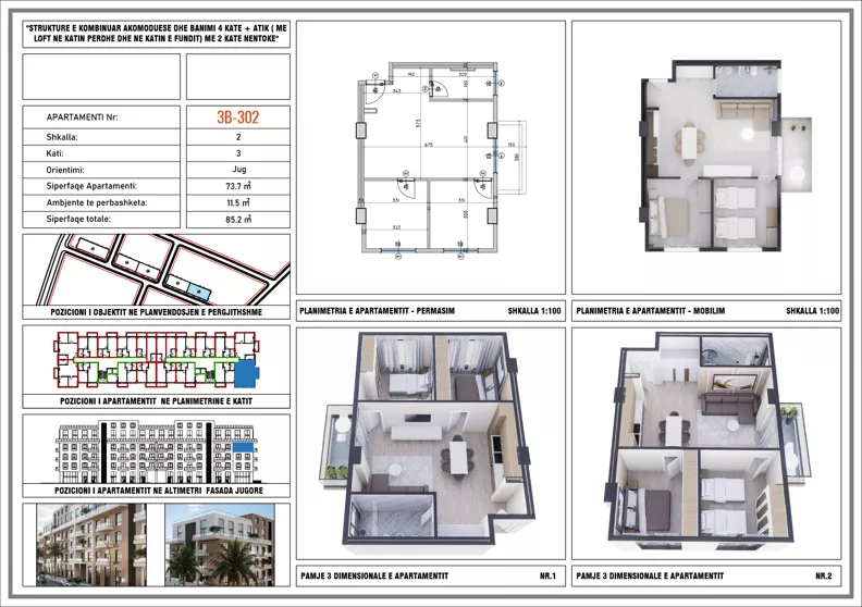 3 pokoje, mieszkanie 85,20 m², piętro 3, oferta nr 3B_302, Adria Residence, Golem, Qerret, Albania