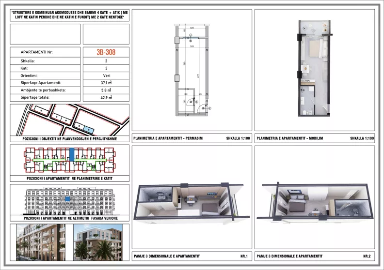 1 pokój, mieszkanie 42,90 m², piętro 3, oferta nr 3B_308, Adria Residence, Golem, Qerret, Albania