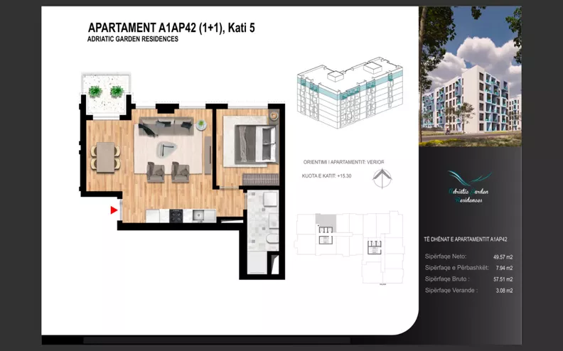 2 pokoje, mieszkanie 49,57 m², piętro 5, oferta nr A1AP42, Adriatic Garden Residence, Golem, Rruga Ismail Qemali