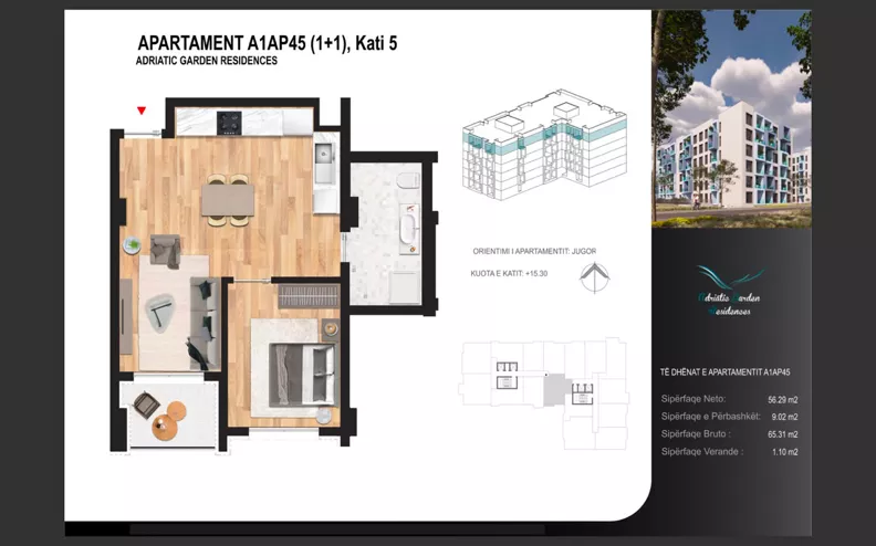 2 pokoje, mieszkanie 56,29 m², piętro 5, oferta nr A1AP45, Adriatic Garden Residence, Golem, Rruga Ismail Qemali