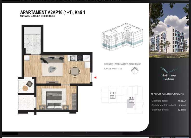 2 pokoje, mieszkanie 53,06 m², piętro 1, oferta nr A2AP16, Adriatic Garden Residence, Golem, Rruga Ismail Qemali