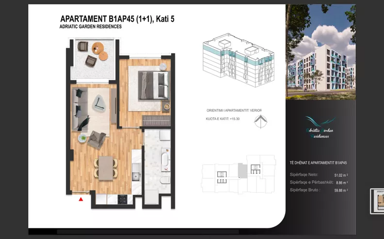 2 pokoje, mieszkanie 51,02 m², piętro 5, oferta nr B1AP45, Adriatic Garden Residence, Golem, Rruga Ismail Qemali