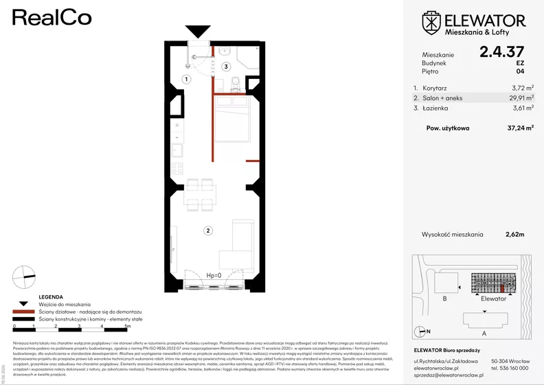 1 pokój, mieszkanie 37,24 m², piętro 4, oferta nr EZ.2.4.37, ELEWATOR. Mieszkania&Lofty - lofty, Wrocław, Kleczków, Psie Pole, Rychtalska 