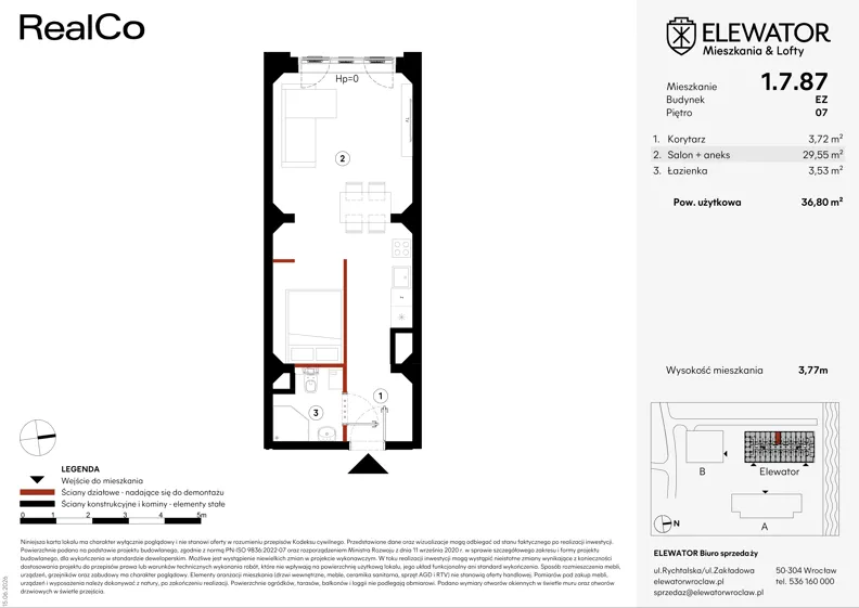 1 pokój, mieszkanie 36,80 m², piętro 7, oferta nr EZ.1.7.87, ELEWATOR. Mieszkania&Lofty - lofty, Wrocław, Kleczków, Psie Pole, Rychtalska 