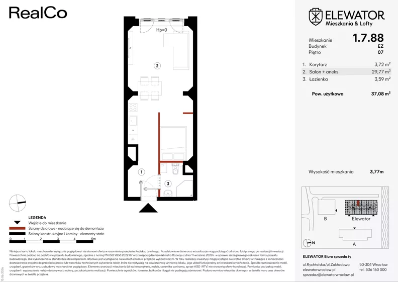1 pokój, mieszkanie 37,08 m², piętro 7, oferta nr EZ.1.7.88, ELEWATOR. Mieszkania&Lofty - lofty, Wrocław, Kleczków, Psie Pole, Rychtalska 