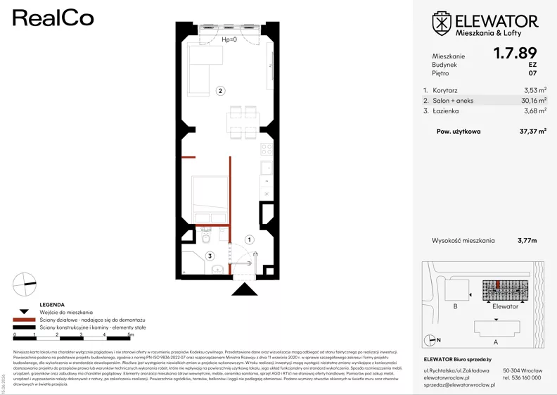 1 pokój, mieszkanie 37,37 m², piętro 7, oferta nr EZ.1.7.89, ELEWATOR. Mieszkania&Lofty - lofty, Wrocław, Kleczków, Psie Pole, Rychtalska 