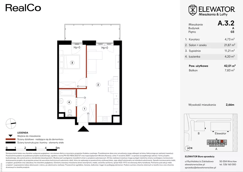 2 pokoje, mieszkanie 42,01 m², piętro 3, oferta nr A.3.2, ELEWATOR. Mieszkania&Lofty - mieszkania, Wrocław, Kleczków, Psie Pole, Rychtalska/Zakładowa