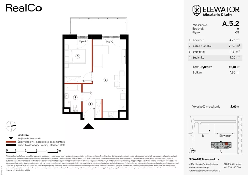 2 pokoje, mieszkanie 42,01 m², piętro 5, oferta nr A.5.2, ELEWATOR. Mieszkania&Lofty - mieszkania, Wrocław, Kleczków, Psie Pole, Rychtalska/Zakładowa