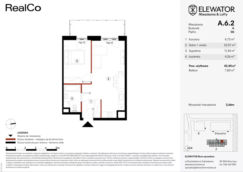 2 pokoje, mieszkanie 42,40 m², piętro 6, oferta nr A.6.2, ELEWATOR. Mieszkania&Lofty - mieszkania, Wrocław, Kleczków, Psie Pole, Rychtalska/Zakładowa