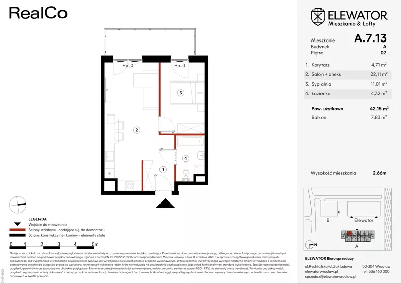 2 pokoje, mieszkanie 42,15 m², piętro 7, oferta nr A.7.13, ELEWATOR. Mieszkania&Lofty - mieszkania, Wrocław, Kleczków, Psie Pole, Rychtalska/Zakładowa