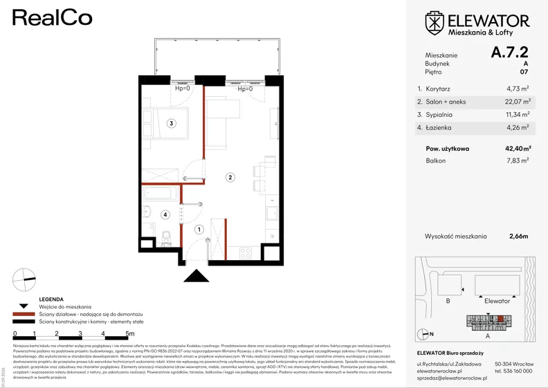 2 pokoje, mieszkanie 42,40 m², piętro 7, oferta nr A.7.2, ELEWATOR. Mieszkania&Lofty - mieszkania, Wrocław, Kleczków, Psie Pole, Rychtalska/Zakładowa