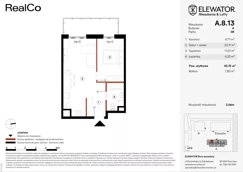 2 pokoje, mieszkanie 42,15 m², piętro 8, oferta nr A.8.13, ELEWATOR. Mieszkania&Lofty - mieszkania, Wrocław, Kleczków, Psie Pole, Rychtalska/Zakładowa