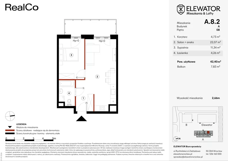 2 pokoje, mieszkanie 42,40 m², piętro 8, oferta nr A.8.2, ELEWATOR. Mieszkania&Lofty - mieszkania, Wrocław, Kleczków, Psie Pole, Rychtalska/Zakładowa