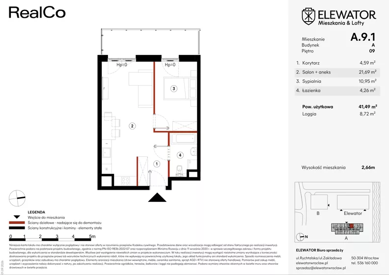 2 pokoje, mieszkanie 41,49 m², piętro 9, oferta nr A.9.1, ELEWATOR. Mieszkania&Lofty - mieszkania, Wrocław, Kleczków, Psie Pole, Rychtalska/Zakładowa