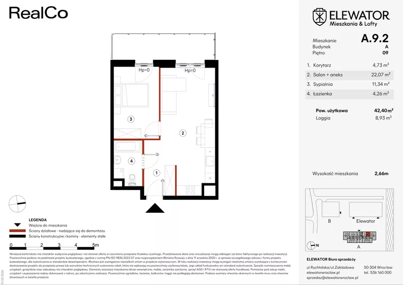 2 pokoje, mieszkanie 42,40 m², piętro 9, oferta nr A.9.2, ELEWATOR. Mieszkania&Lofty - mieszkania, Wrocław, Kleczków, Psie Pole, Rychtalska/Zakładowa
